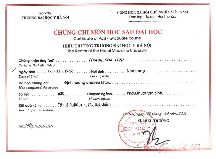 Định hướng chuyên khoa Phẫu thuật tạo hình, 630 tiết – BS. Hoàng Gia Hợp