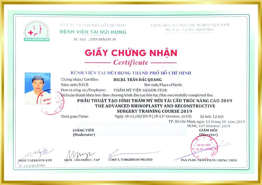 Chứng nhận phẫu thuật mũi tái cấu trúc nâng cao 2019 – BS. Trần Đắc Quang