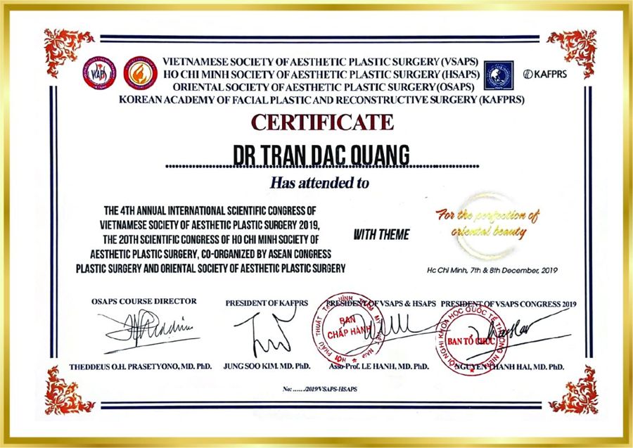 Chứng nhận hội nghị quốc tế VSAPS 2019 – BS. Trần Đắc Quang